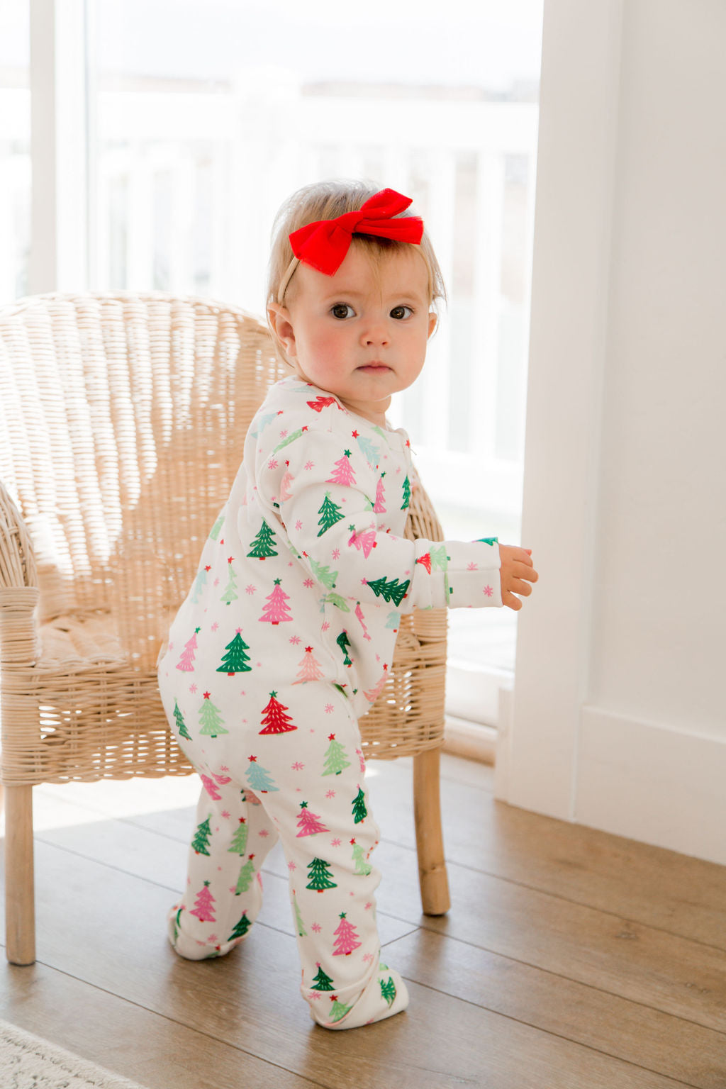 Girl Pink Christmas Tree Romper with 2 -Way Zipper