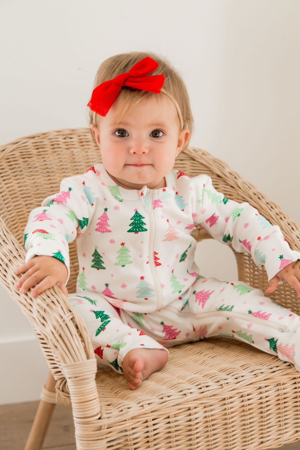 Girl Pink Christmas Tree Romper with 2 -Way Zipper