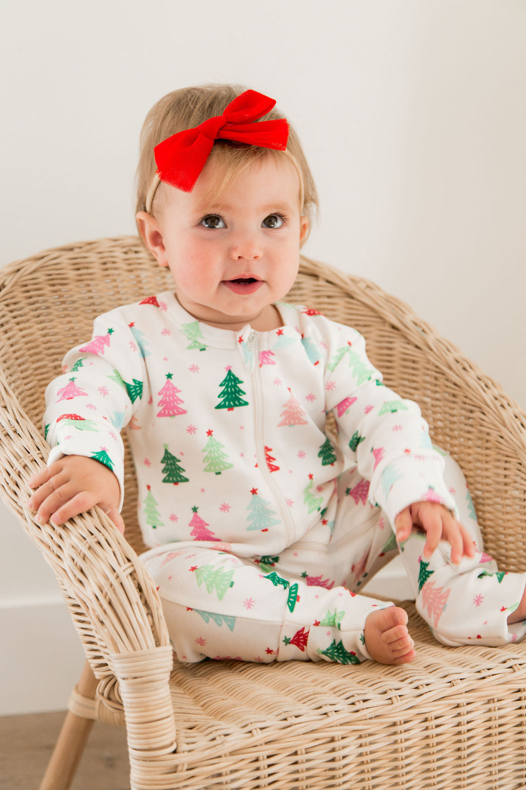 Girl Pink Christmas Tree Romper with 2 -Way Zipper
