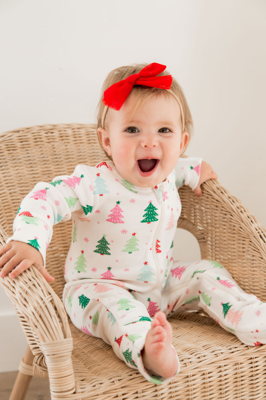 Girl Pink Christmas Tree Romper with 2 -Way Zipper