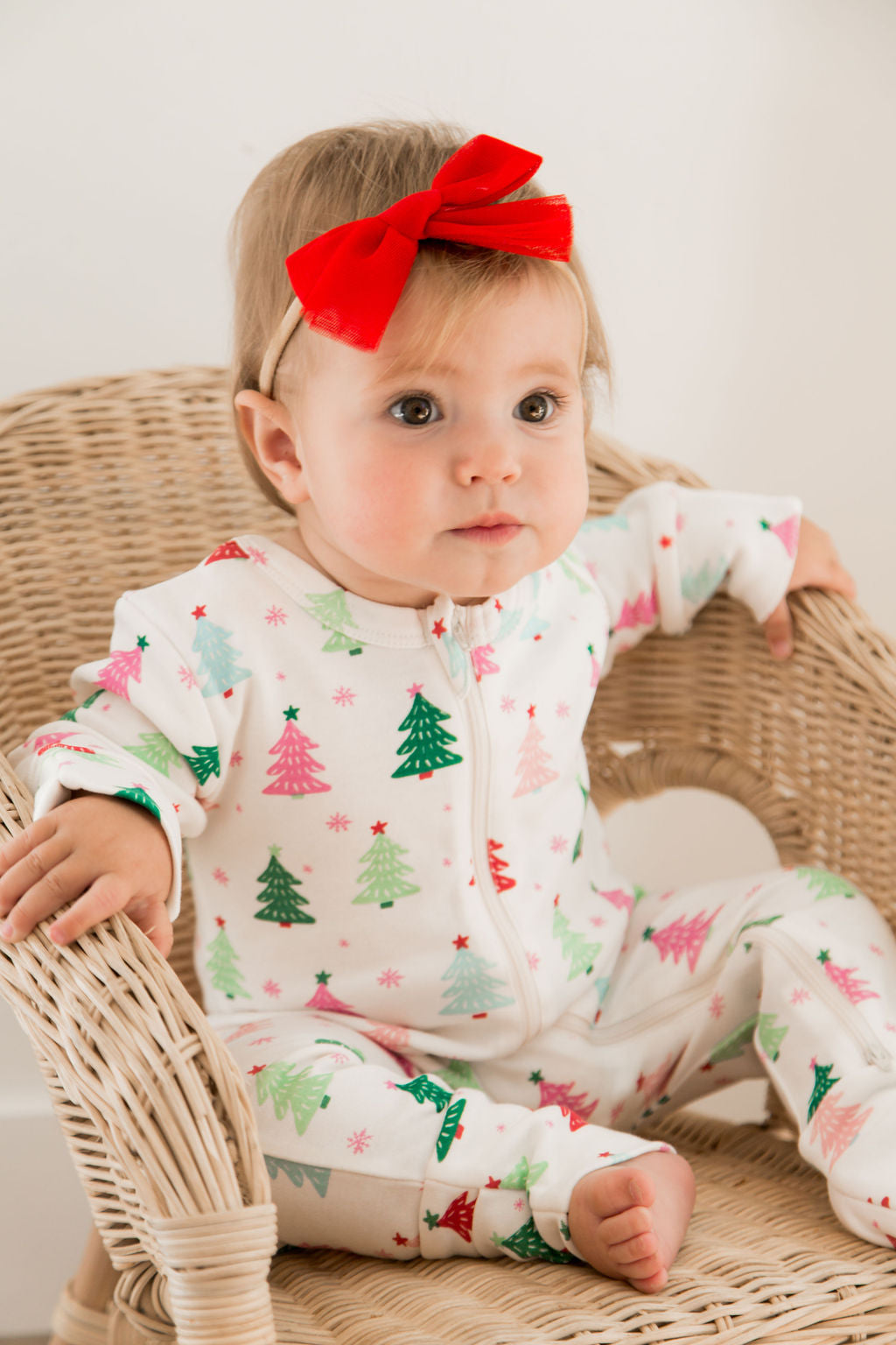 Girl Pink Christmas Tree Romper with 2 -Way Zipper