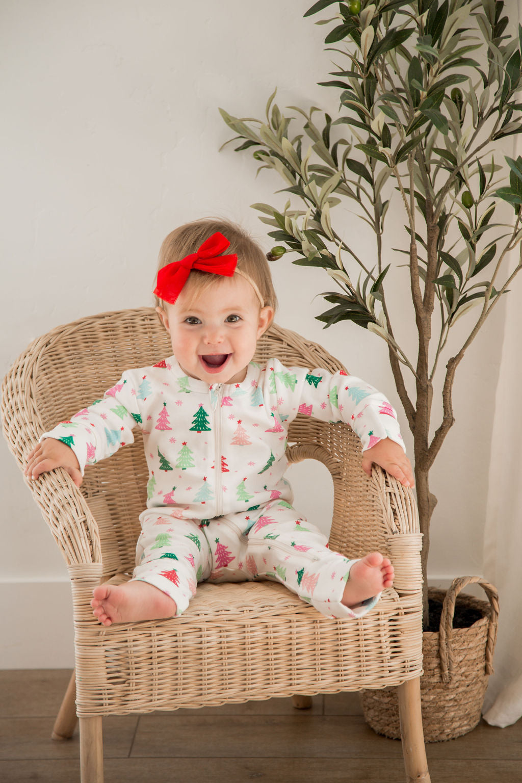 Girl Pink Christmas Tree Romper with 2 -Way Zipper