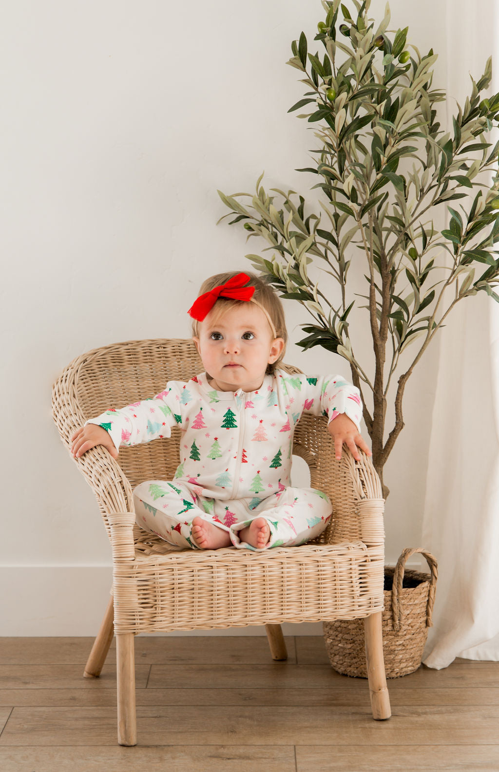 Girl Pink Christmas Tree Romper with 2 -Way Zipper