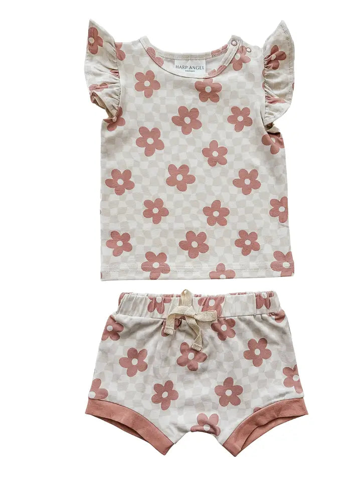 Girl Ruffle Checkered Daisy Short Set