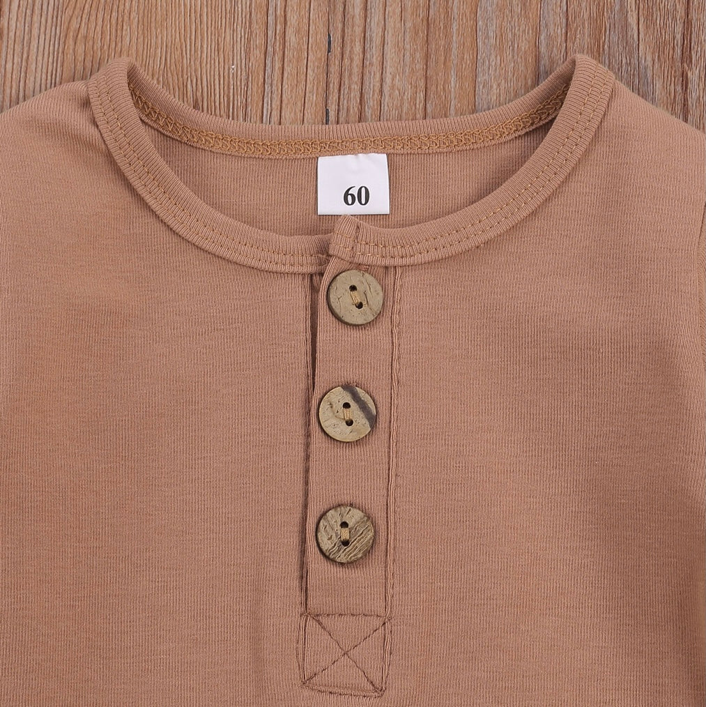 Baby Boy 2-piece Neutral Long Sleeve solid Button Bodysuit with Matching Bottoms