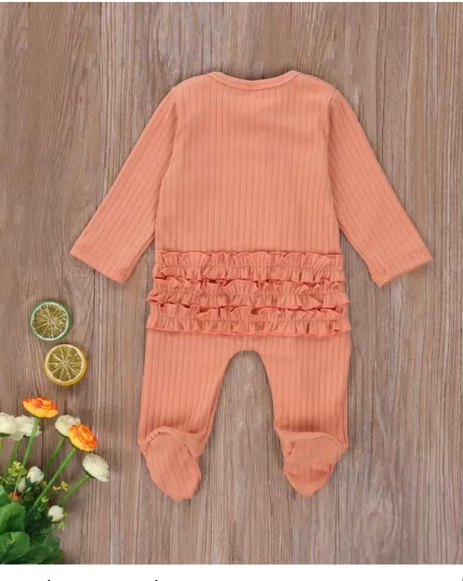 Baby Girl Ribbed Peach Ruffle Sleeper with Zipper