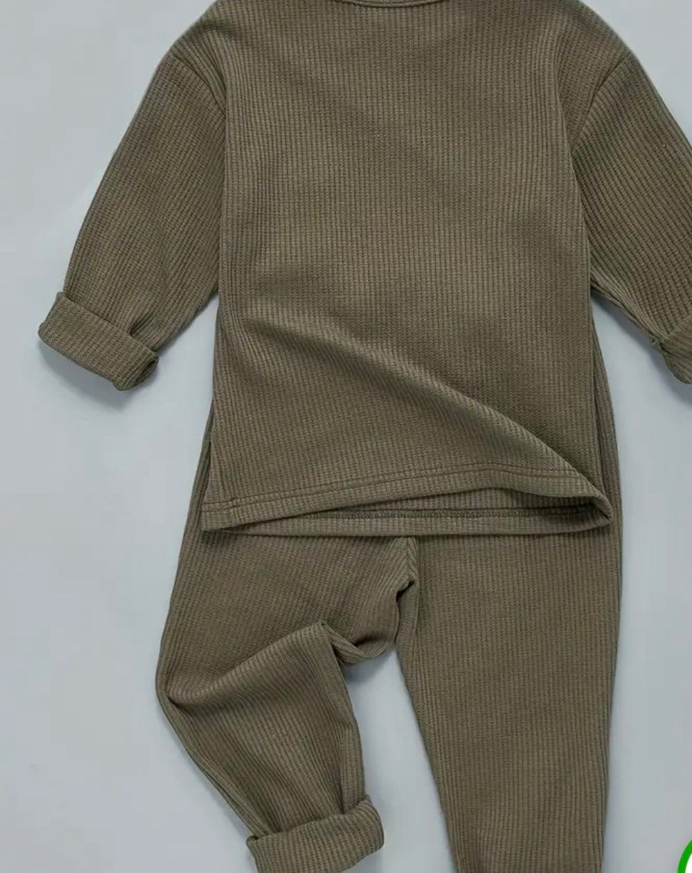 Boys Army Green Waffle Outfit