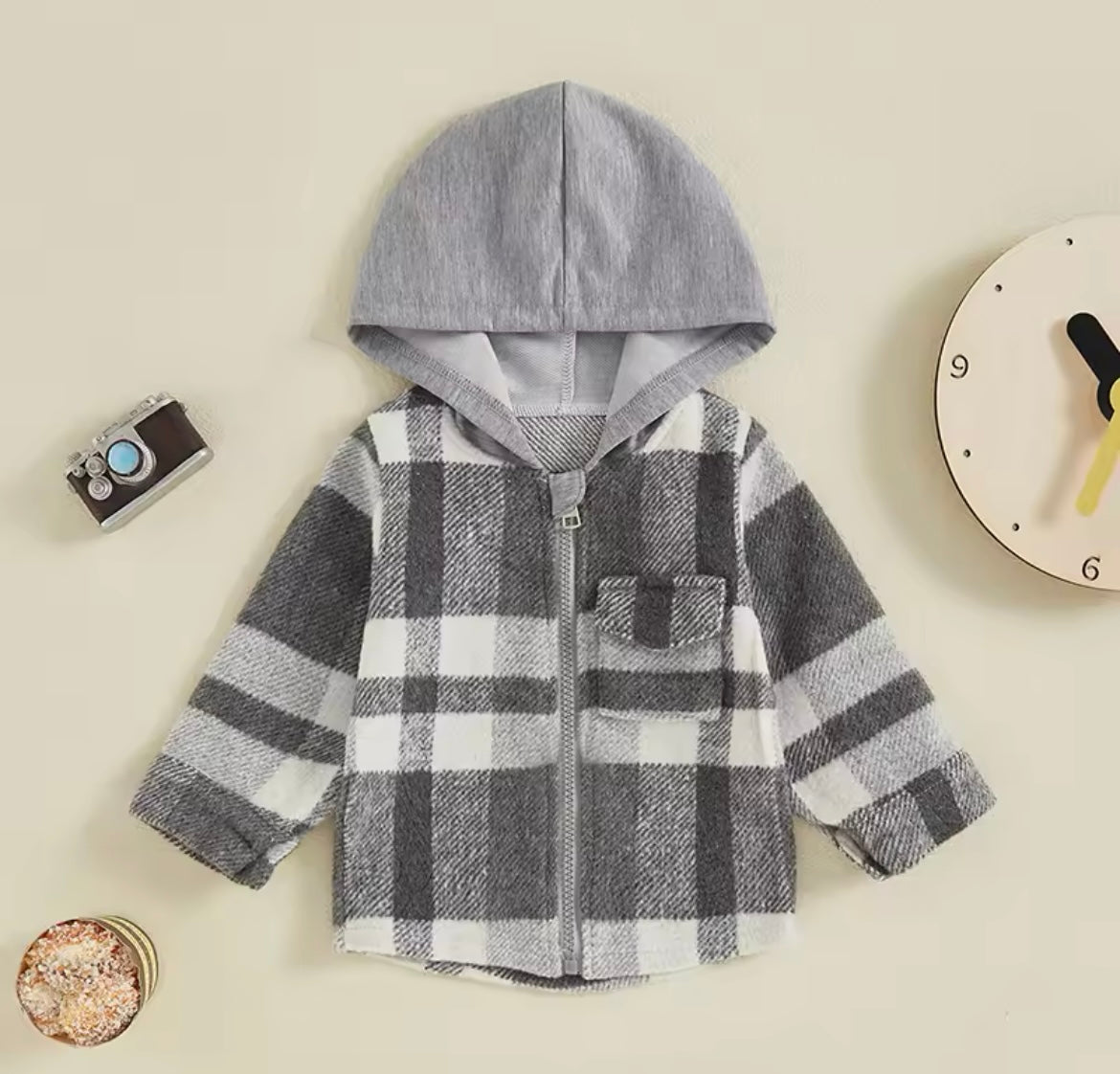 Boy Long Sleeve Zip Up Hooded Plaid Jacket