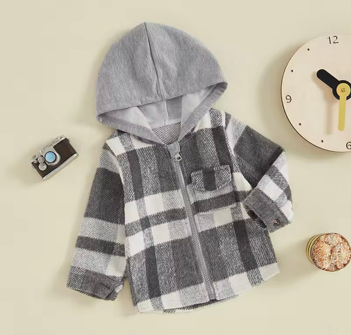 Boy Long Sleeve Zip Up Hooded Plaid Jacket