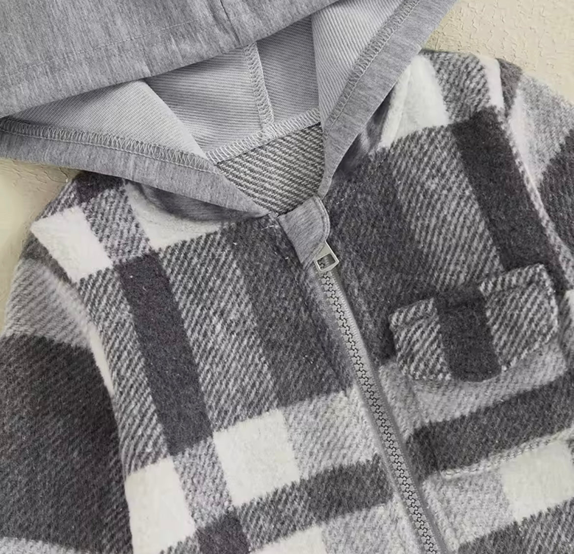 Boy Long Sleeve Zip Up Hooded Plaid Jacket