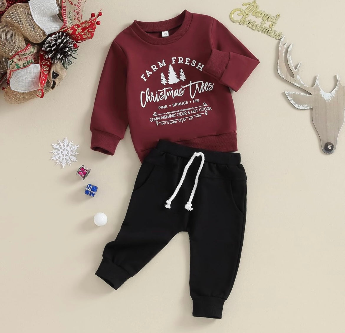 Christmas Burgundy Sweatshirt & Black Pant Set