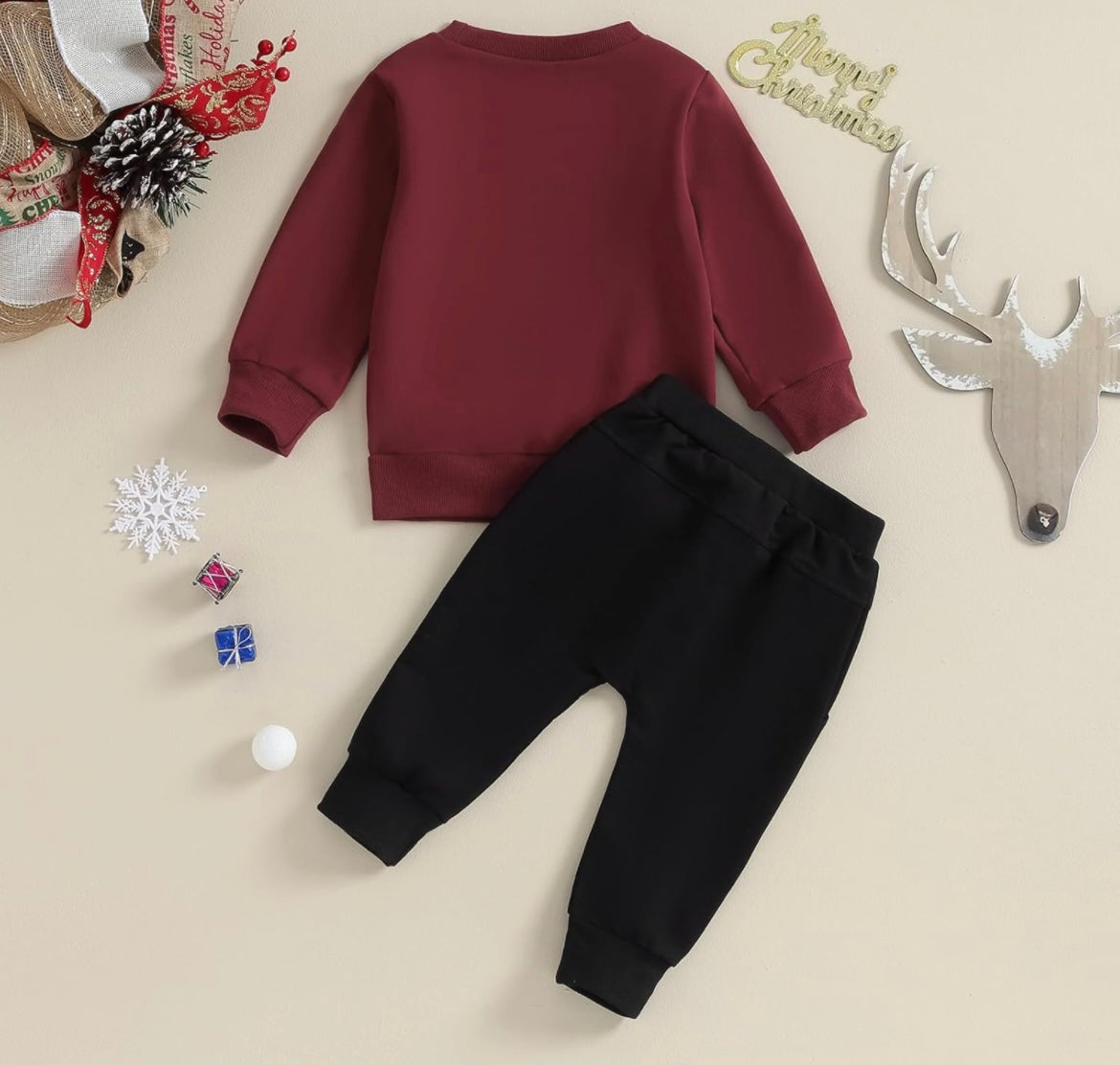 Christmas Burgundy Sweatshirt & Black Pant Set