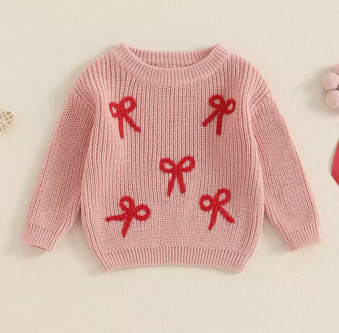 Girl Pink Sweater with Five Red Embroidered Bows