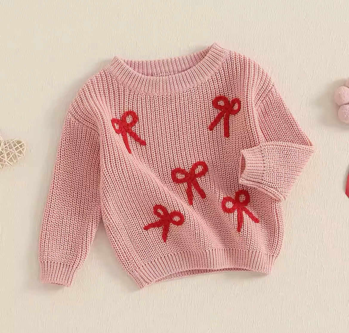 Girl Pink Sweater with Five Red Embroidered Bows