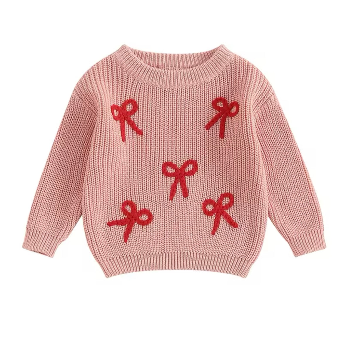 Girl Pink Sweater with Five Red Embroidered Bows