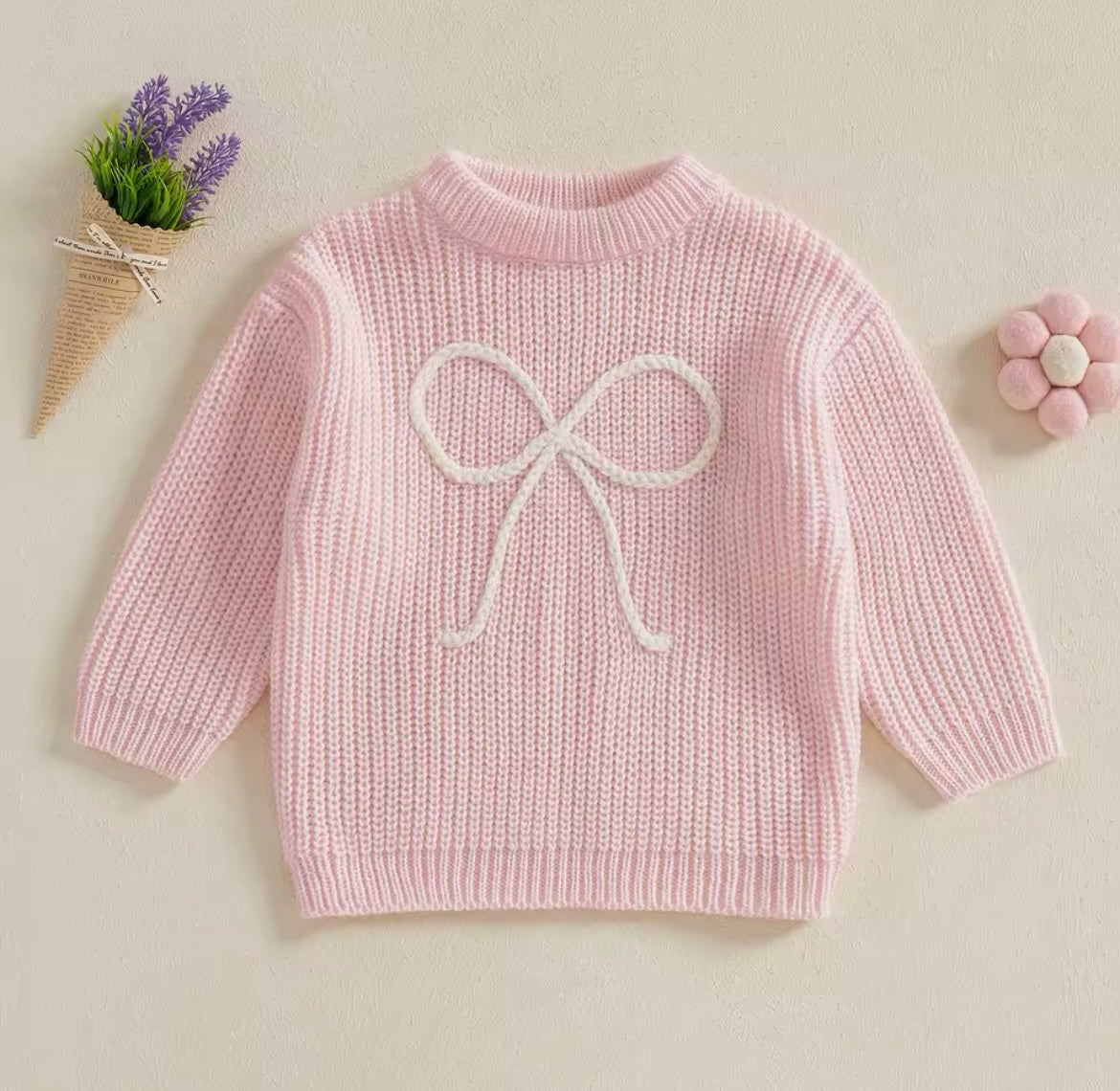 Girl Pink Sweater with Embroidered Bow