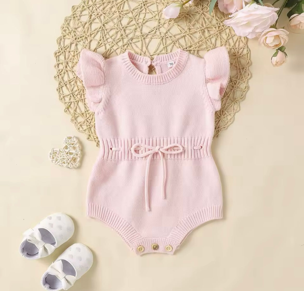 Baby Girl Pink Knit Flutter Sleeve Romper