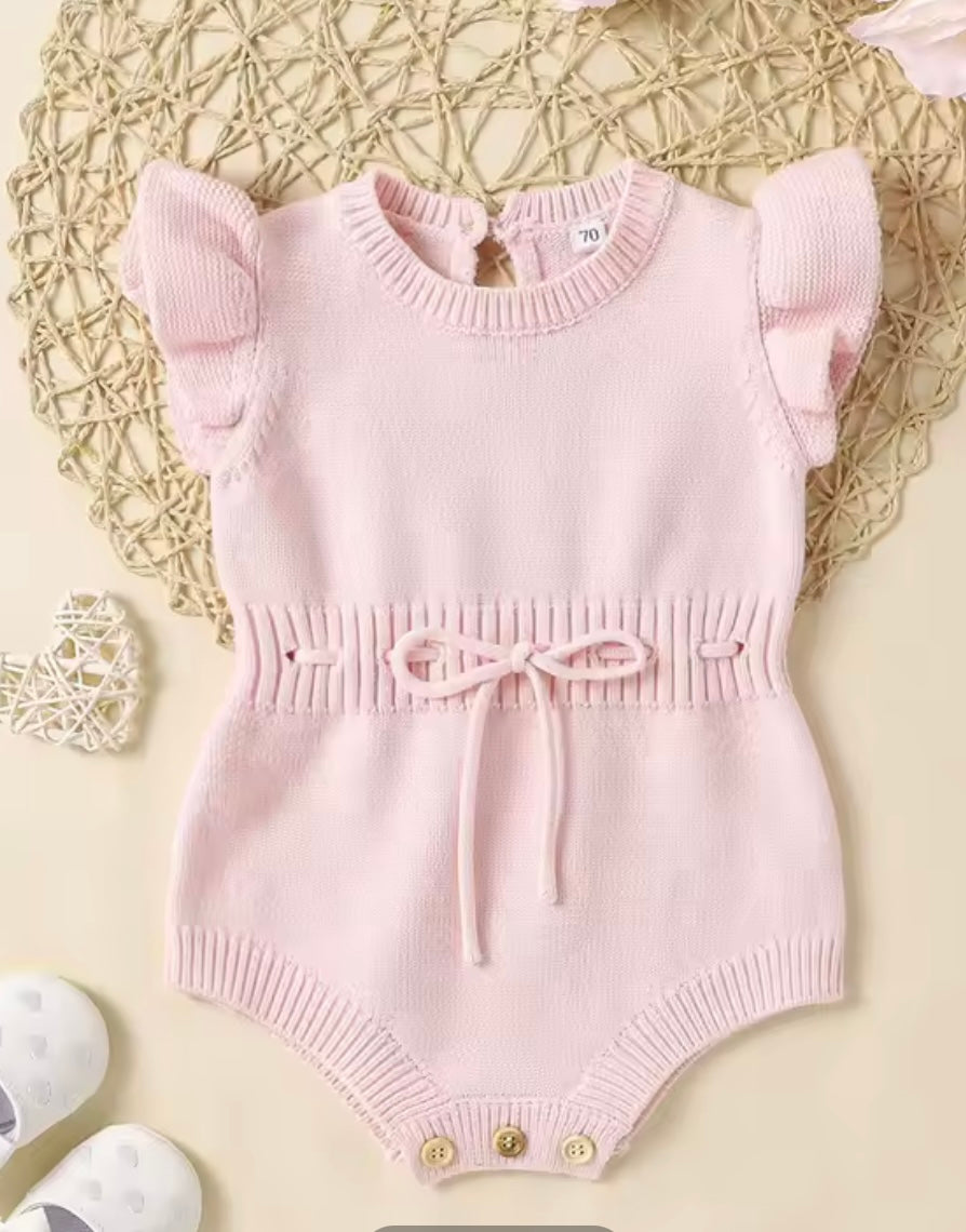 Baby Girl Pink Knit Flutter Sleeve Romper