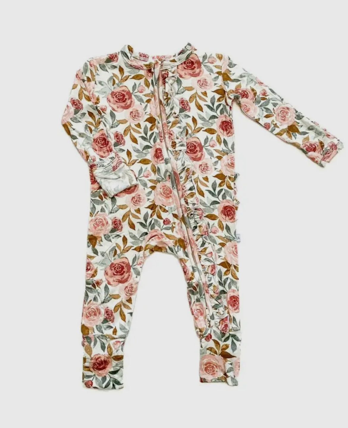 Baby Girl Ruffle Bamboo Dusty Pink Floral Zipper Sleeper