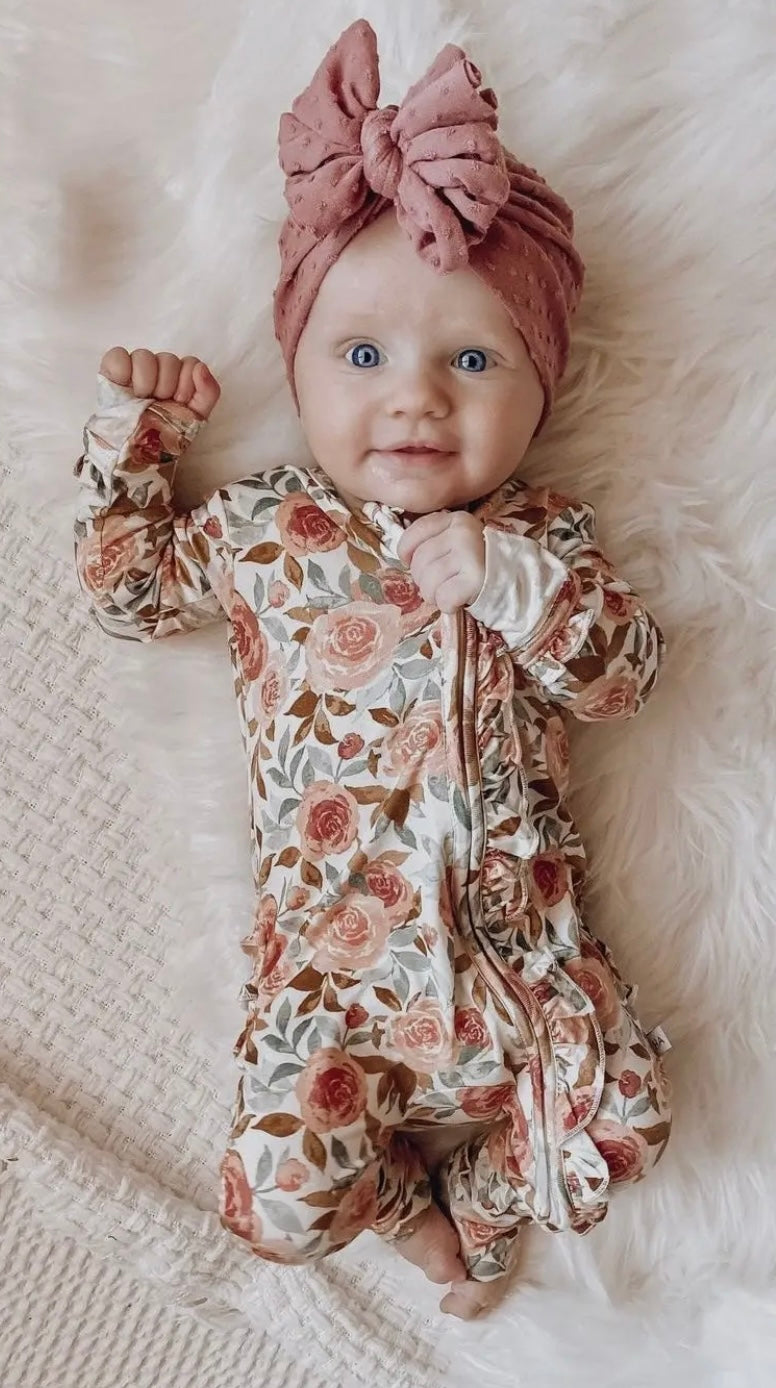 Baby Girl Ruffle Bamboo Dusty Pink Floral Zipper Sleeper