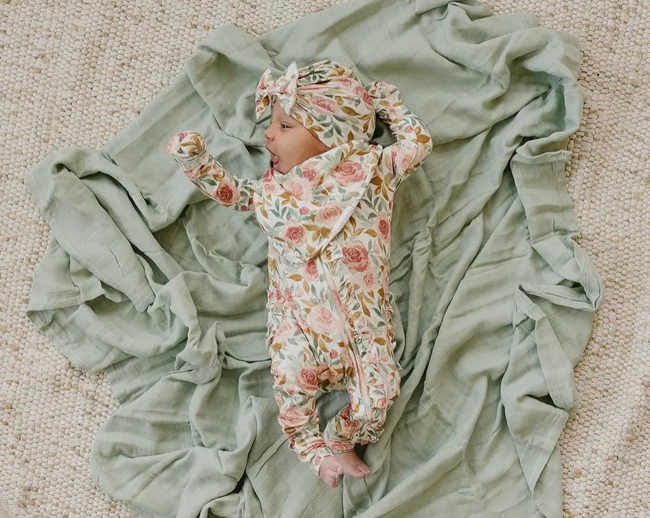 Baby Girl Ruffle Bamboo Dusty Pink Floral Zipper Sleeper