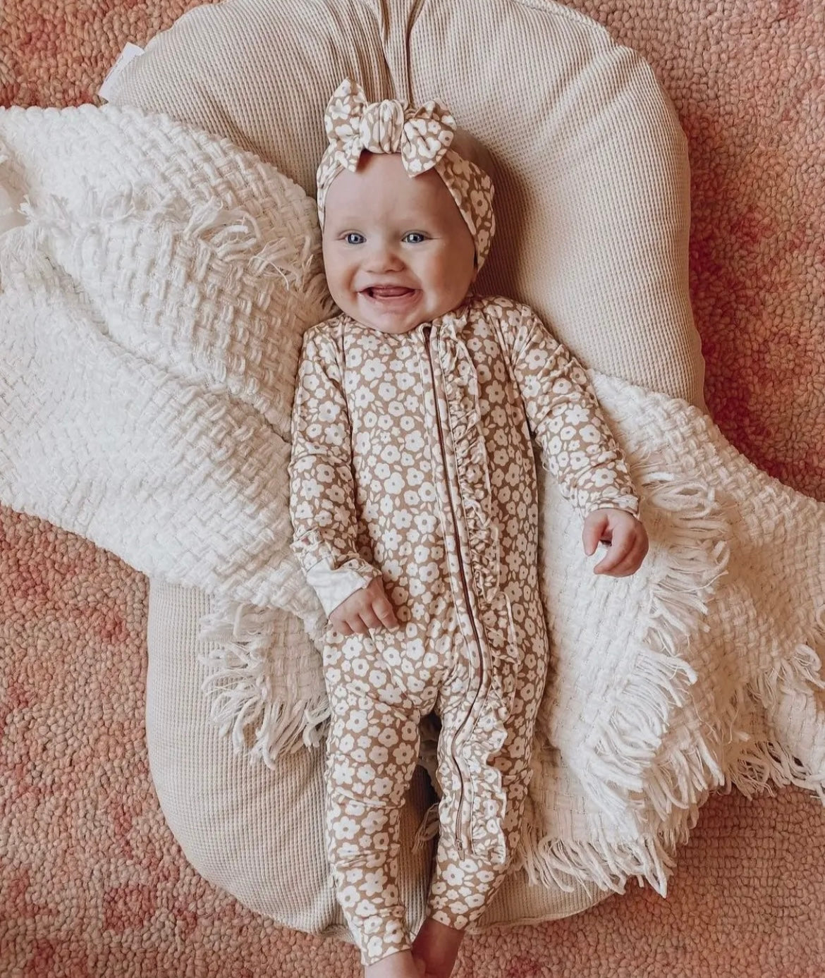 Baby Girl Ruffle Mocha Floral Bamboo Zipper Sleeper