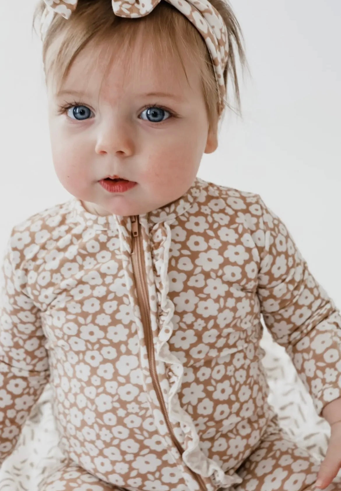Baby Girl Ruffle Mocha Floral Bamboo Zipper Sleeper
