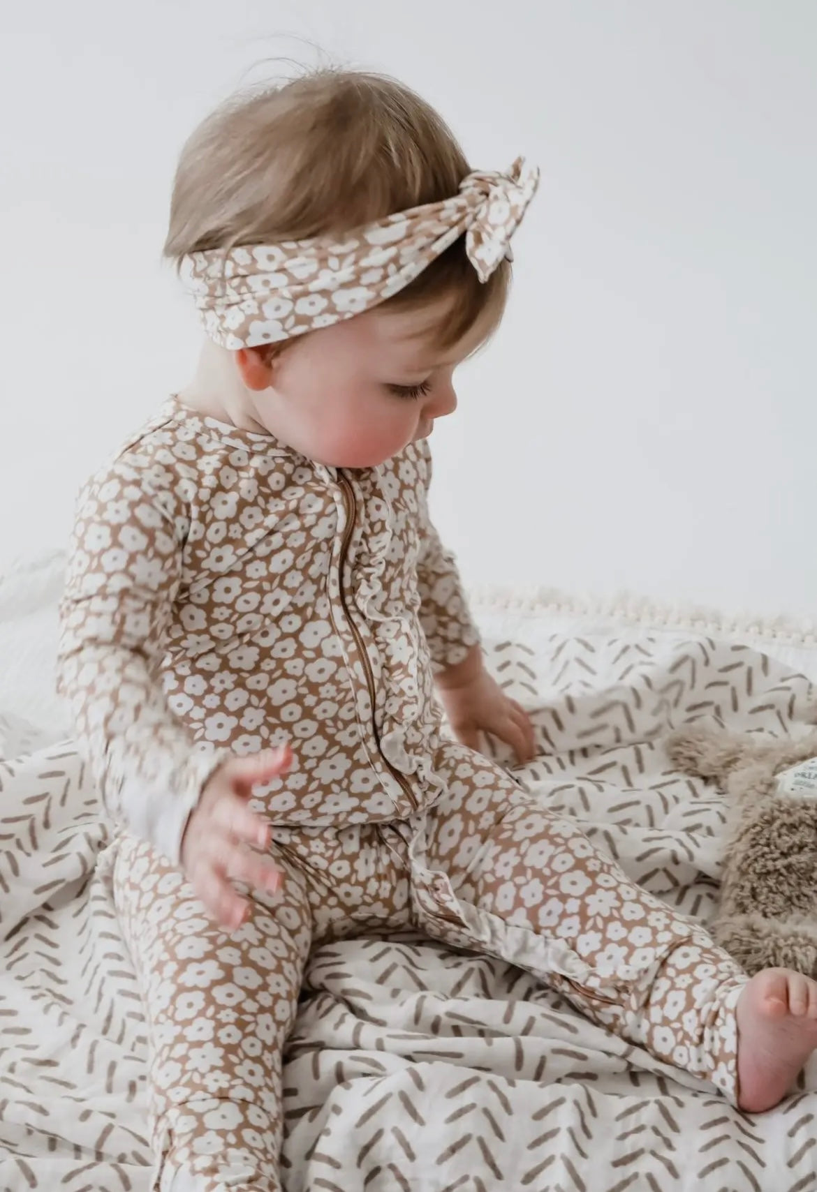 Baby Girl Ruffle Mocha Floral Bamboo Zipper Sleeper
