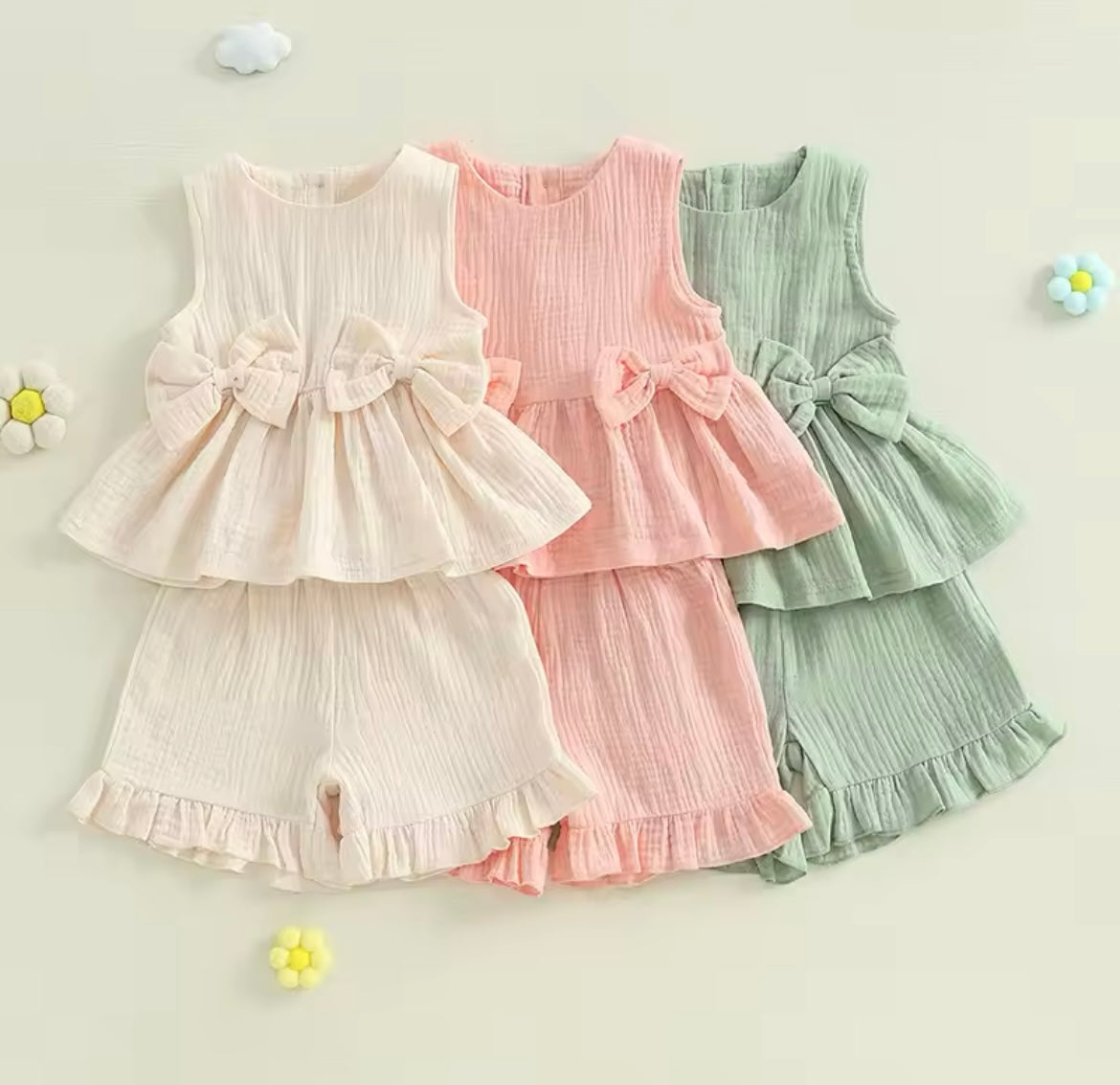 Girl Summer Muslin Bow Tank Top & Elastic Waist Ruffled Shorts Set