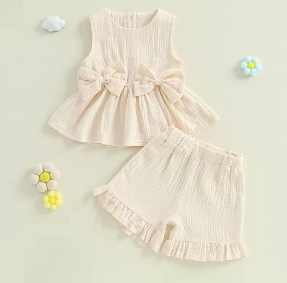 Girl Summer Muslin Bow Tank Top & Elastic Waist Ruffled Shorts Set