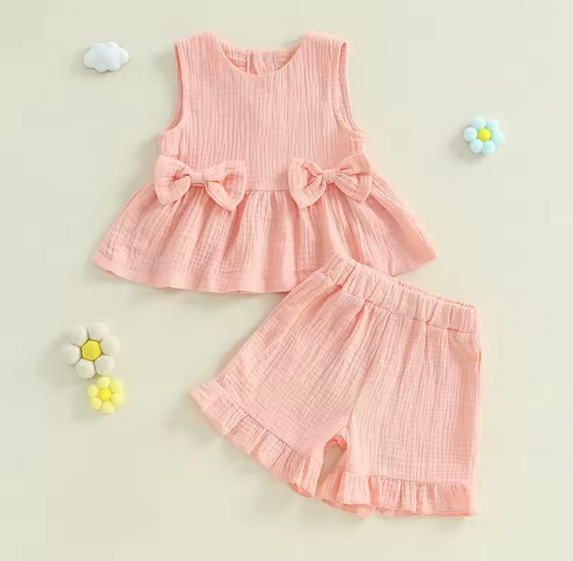 Girl Summer Muslin Bow Tank Top & Elastic Waist Ruffled Shorts Set