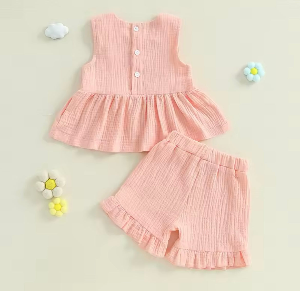 Girl Summer Muslin Bow Tank Top & Elastic Waist Ruffled Shorts Set