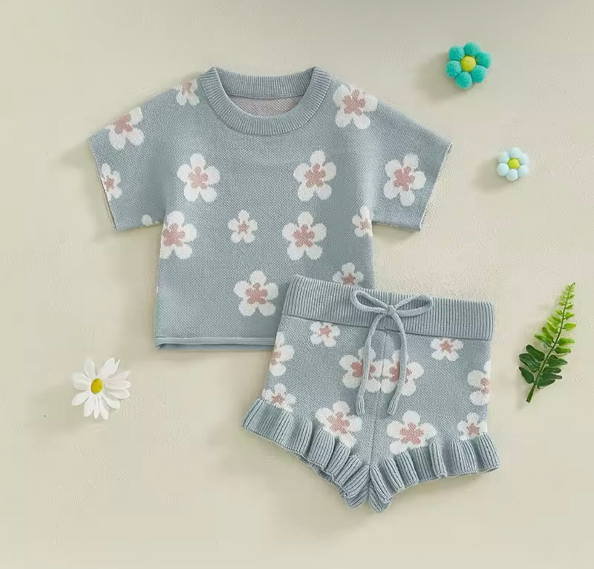 Girl Floral Knit Short Sleeve Short Set