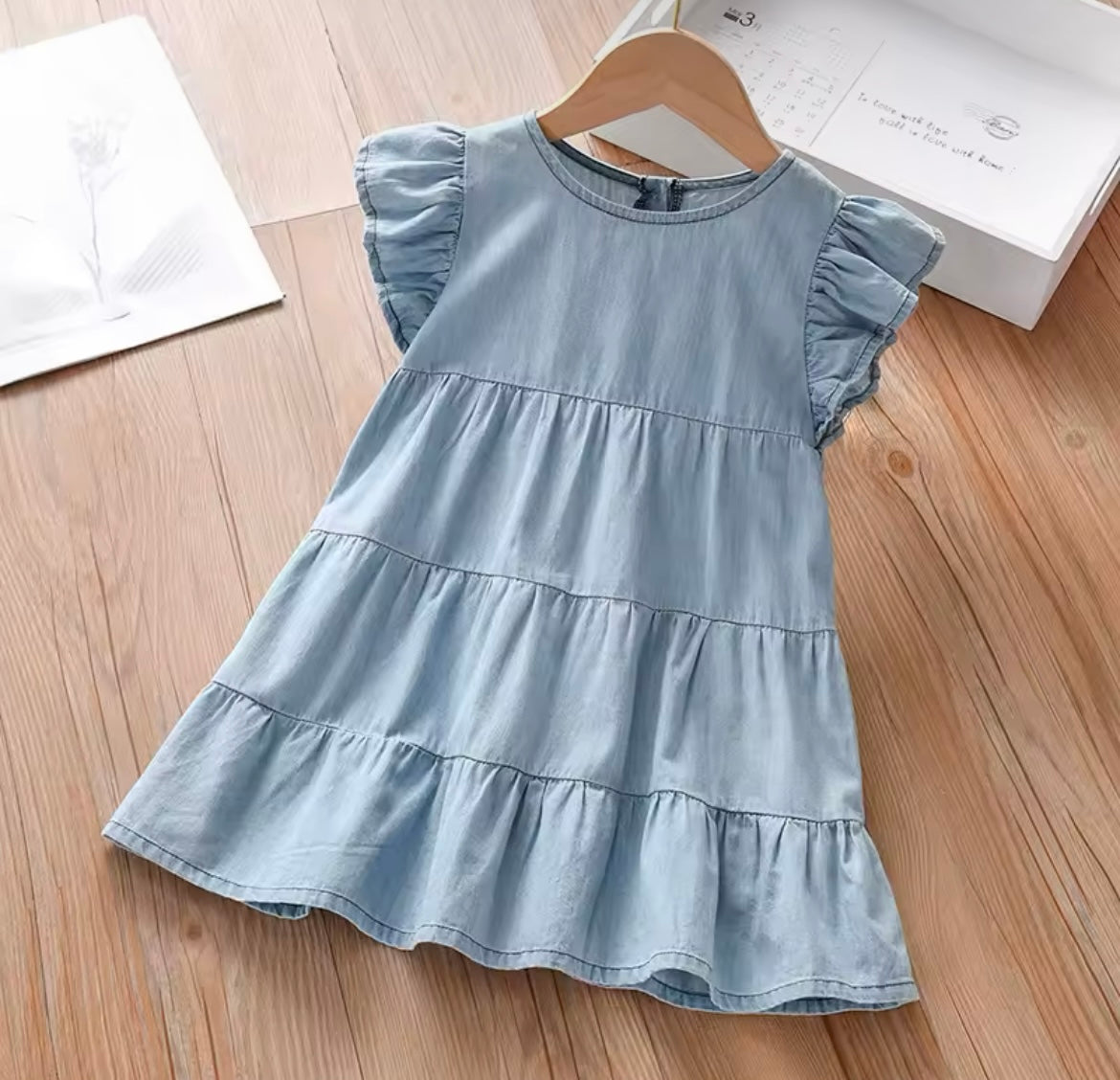 Girls Summer Denim Flutter Sleeve Dress