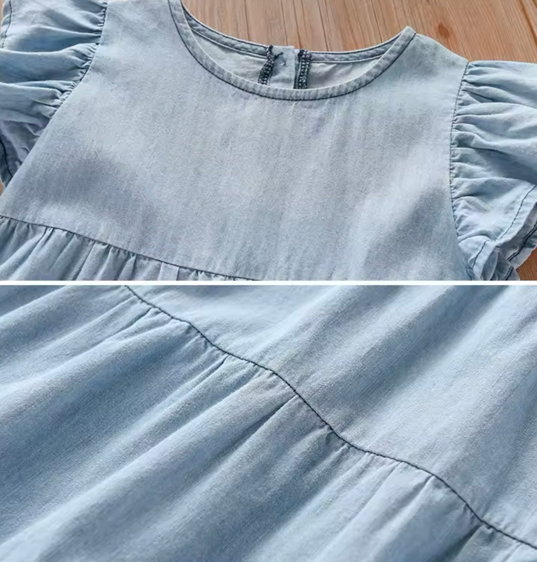 Girls Summer Denim Flutter Sleeve Dress