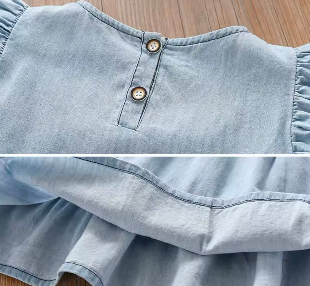 Girls Summer Denim Flutter Sleeve Dress