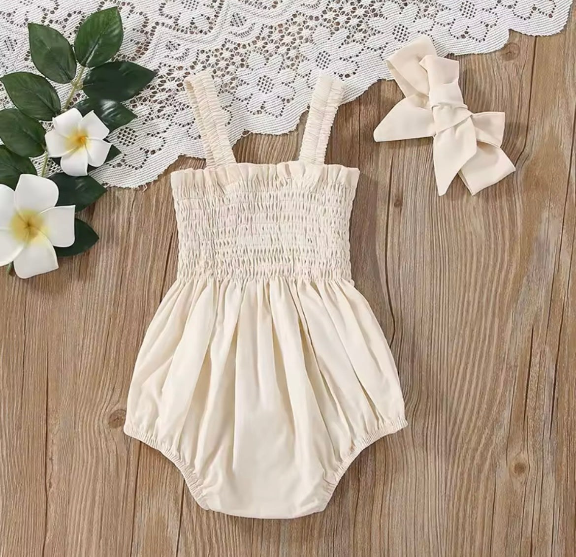 Baby Girl Cream Ruched Sleeveless Romper