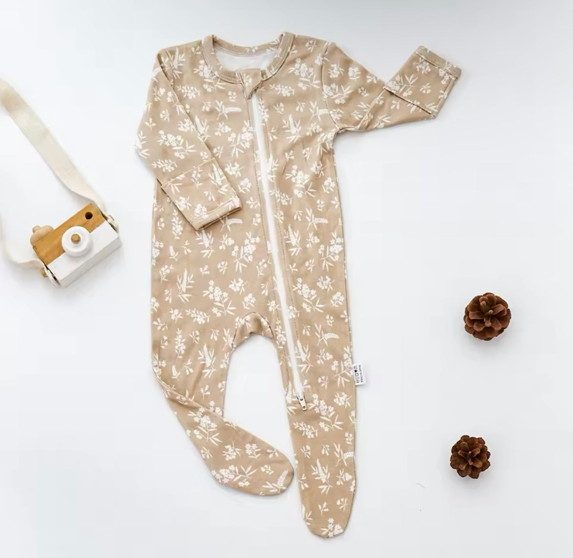 Baby Girl Tan Bamboo Floral Zipper Sleeper