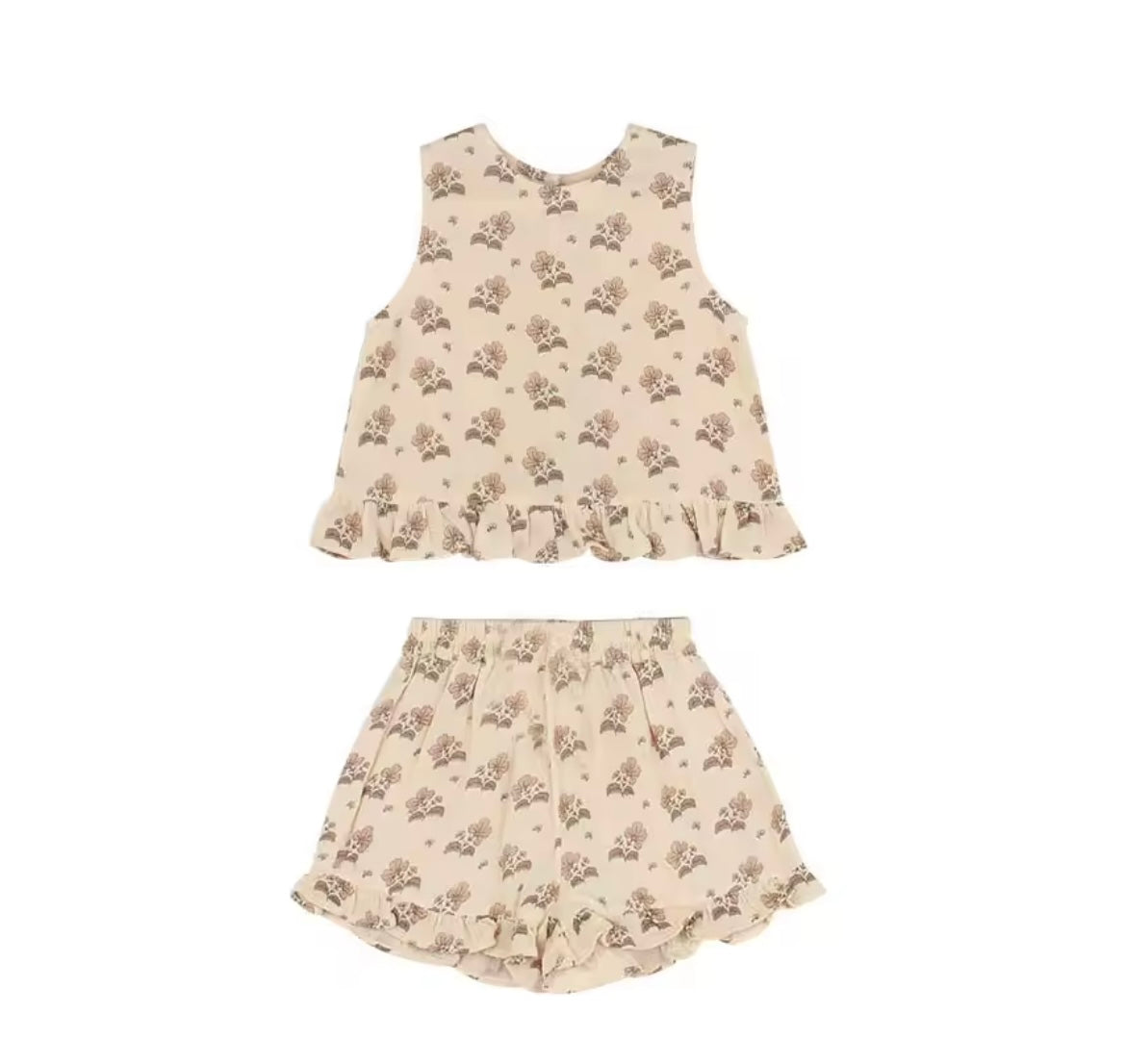 Girl Ruffle Sleeveless Cream Floral Summer Set