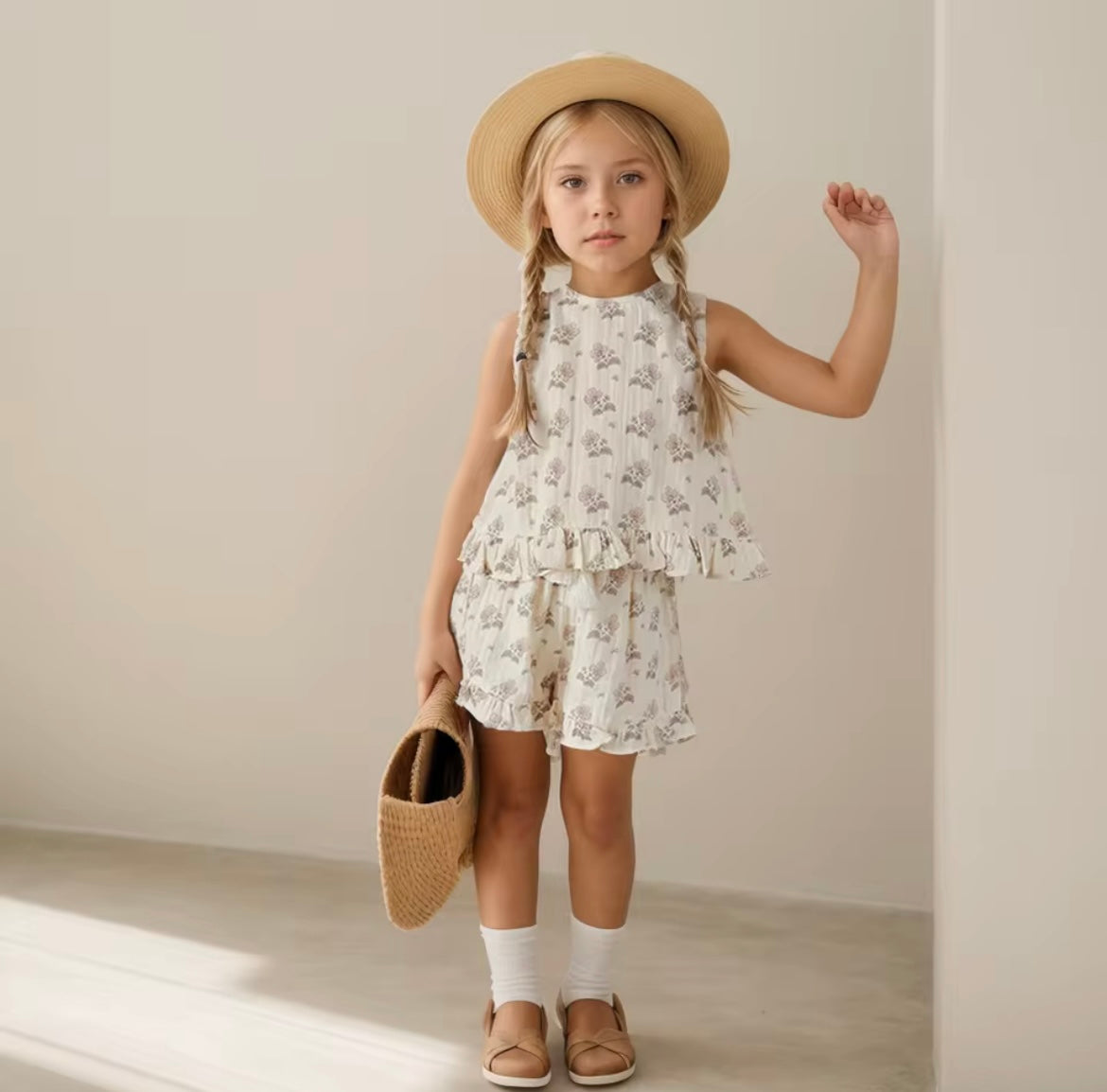 Girl Ruffle Sleeveless Cream Floral Summer Set