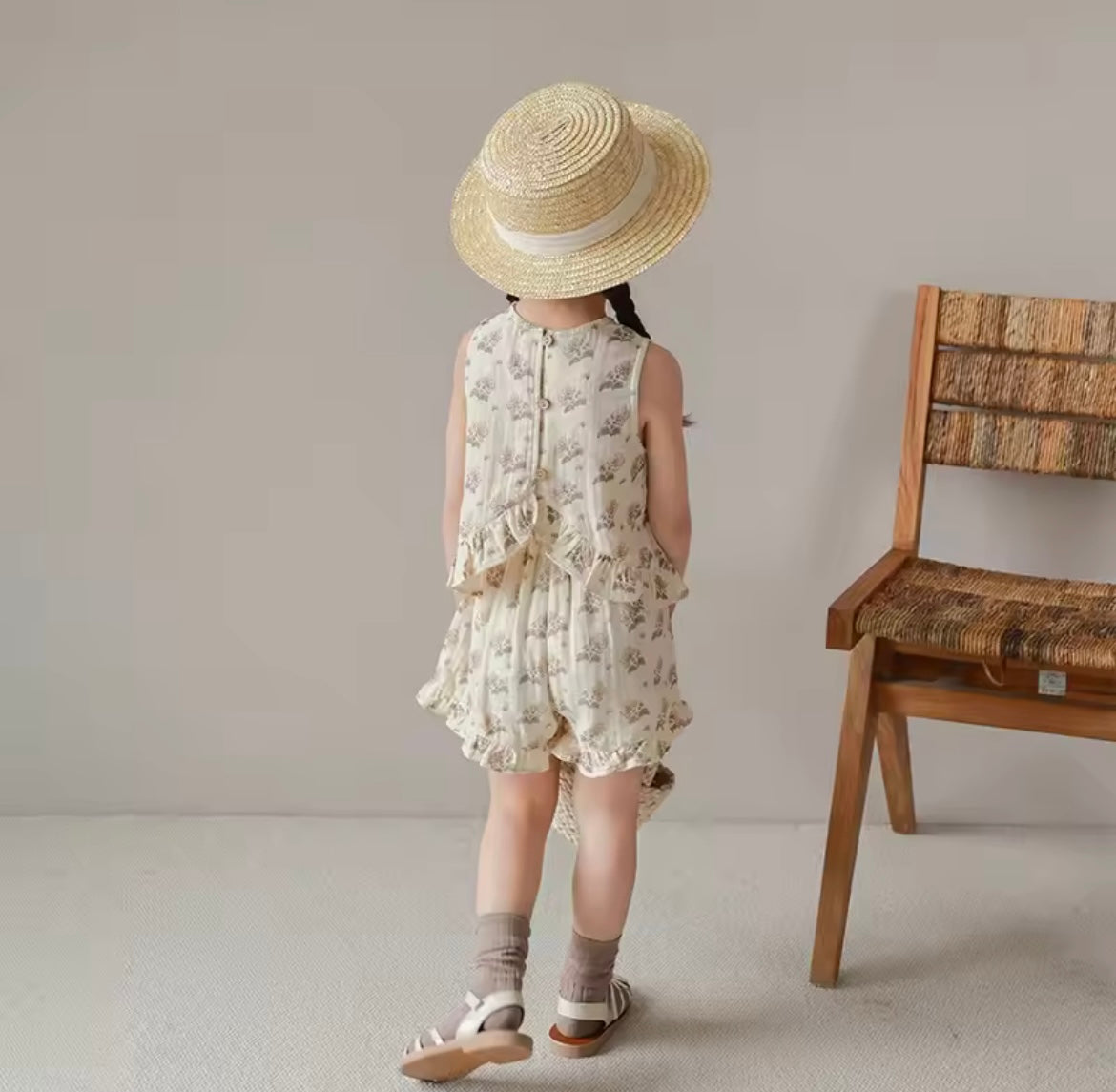 Girl Ruffle Sleeveless Cream Floral Summer Set