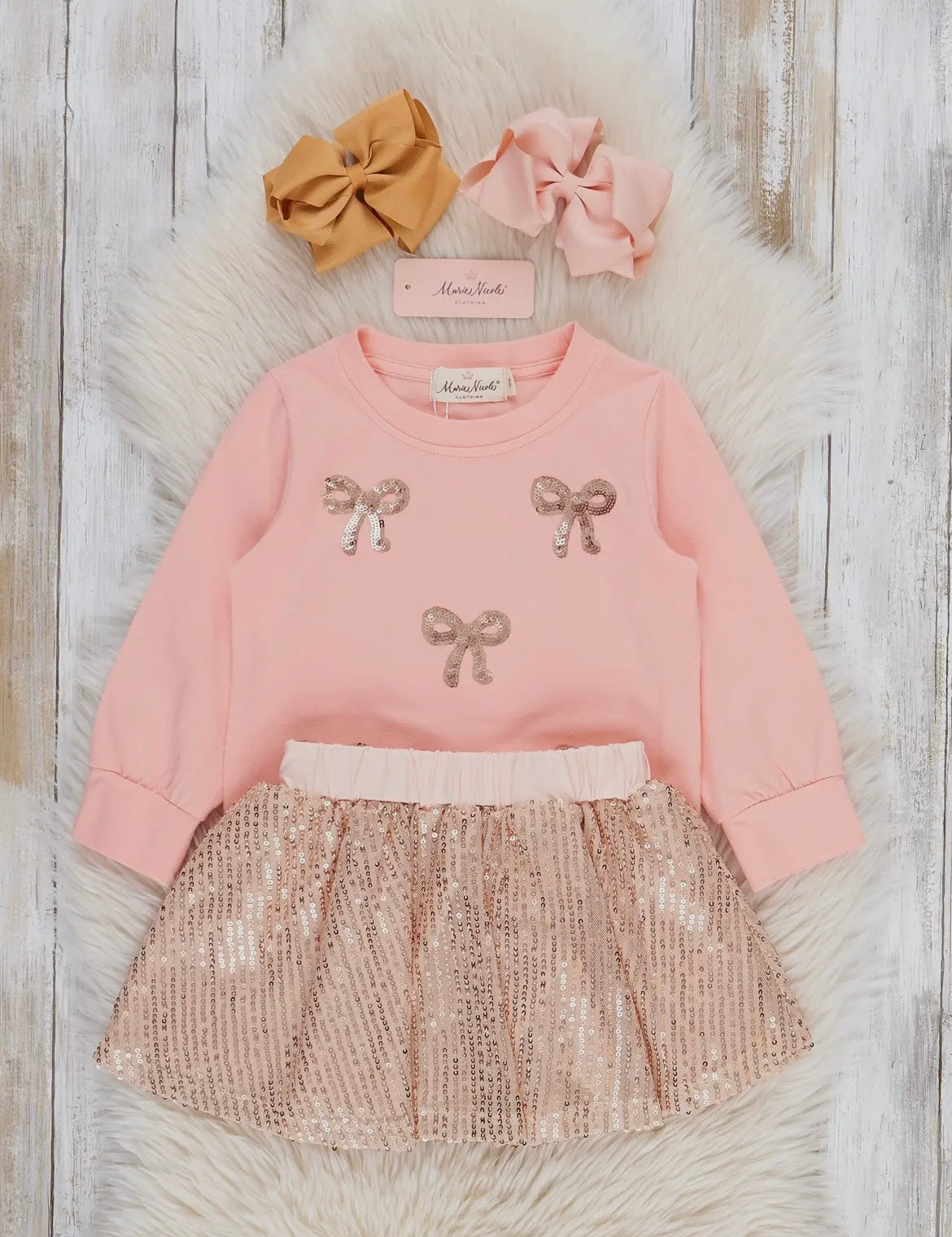 Pink Sparkle Bow Sweatshirt & Sequin Skirt Outfit