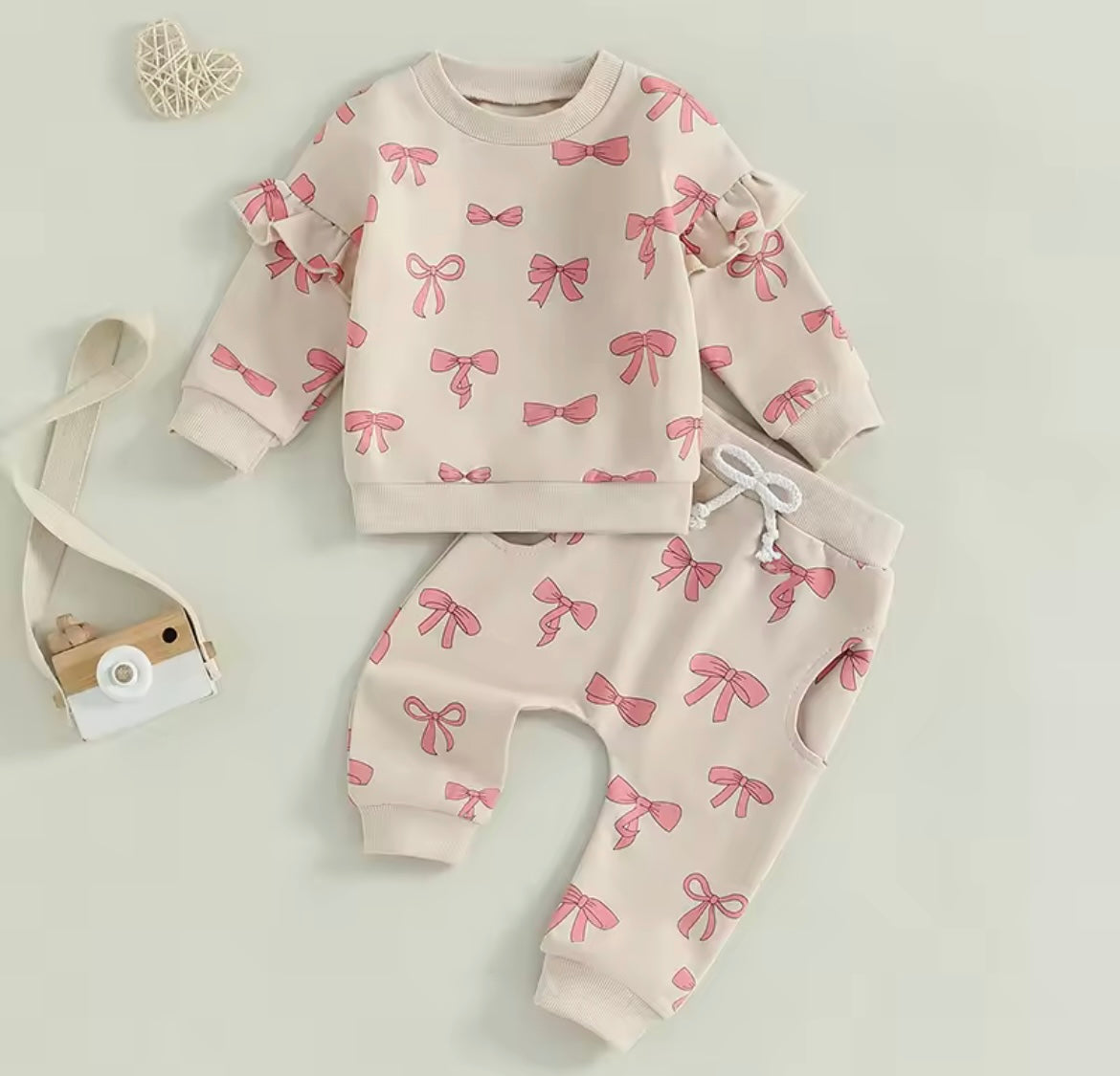 Girl Ruffle Pink Bow Sweatshirt Set