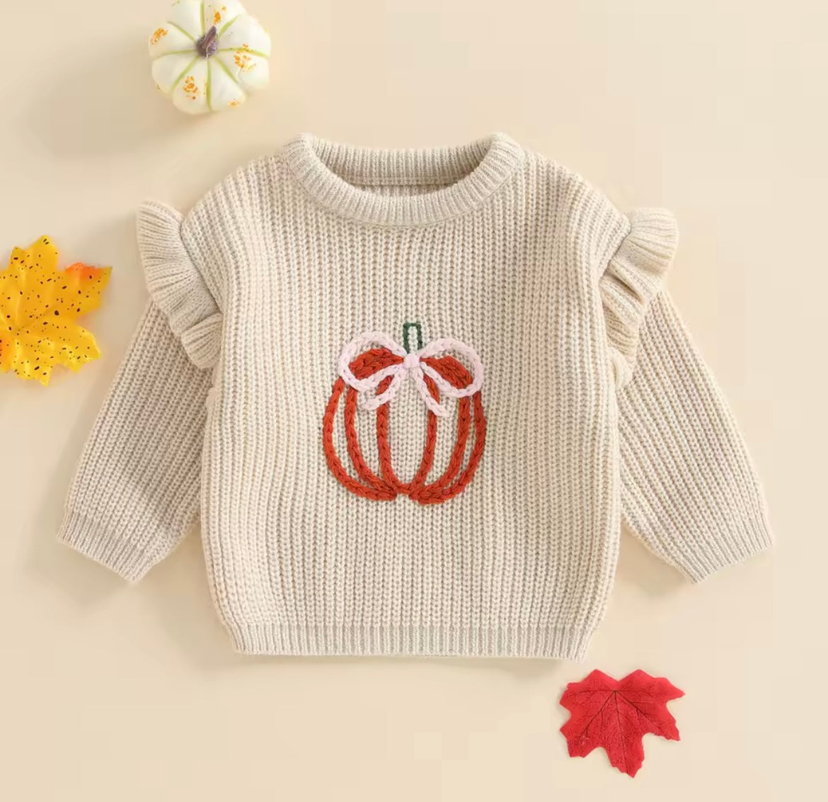 Girl Fall Pumpkin Embroider Ruffle Sweater