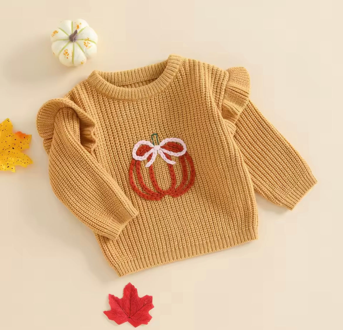 Girl Fall Pumpkin Embroider Ruffle Sweater