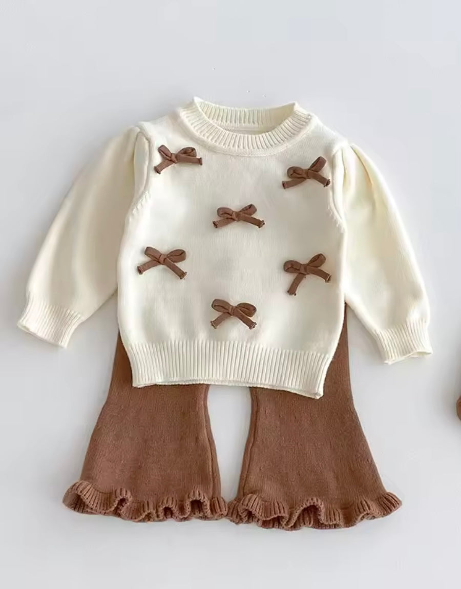 Girl Cream Knit Bow Sweater & Rust Bell Bottoms Set