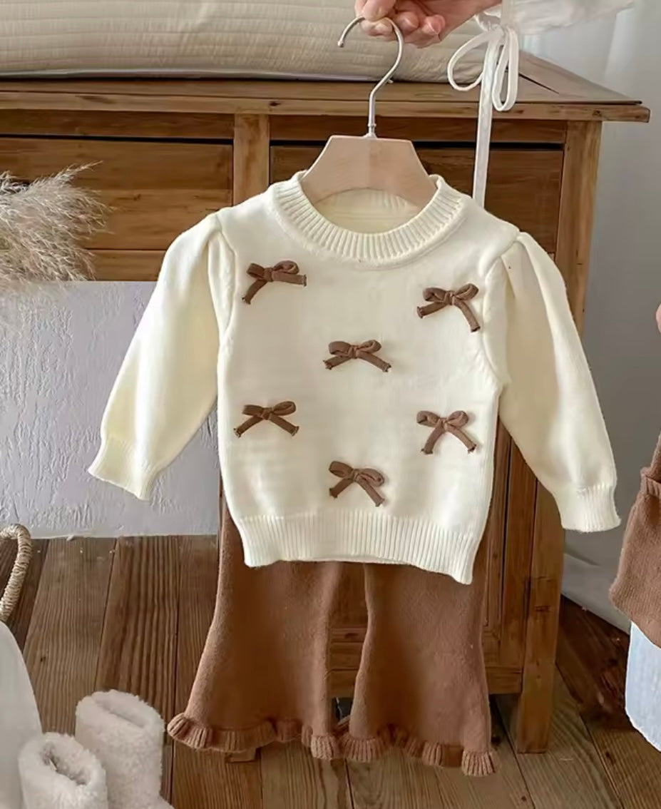 Girl Cream Knit Bow Sweater & Rust Bell Bottoms Set