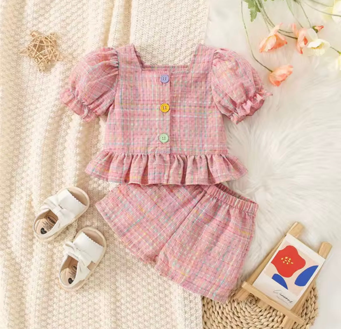 Girl Pink Plaid Bubble Sleeve Top & Short Set