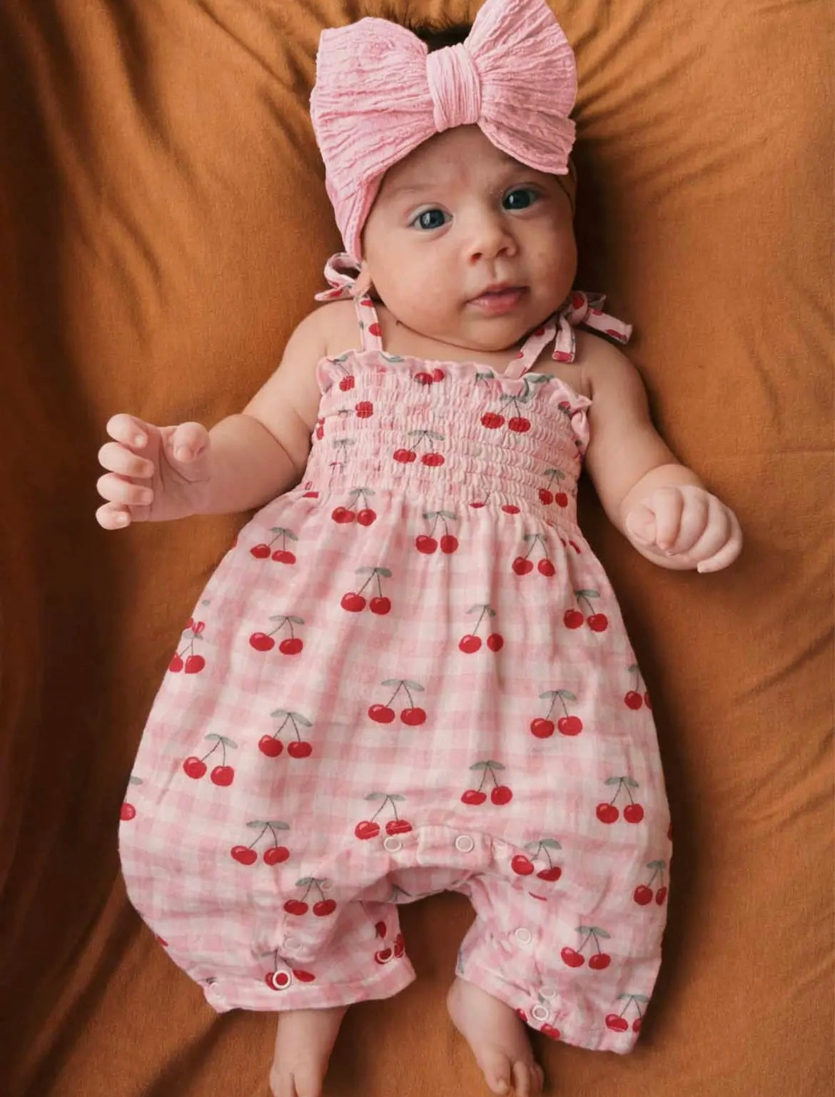 Baby Girl Gingham Cherries/Muslin Smocked Jumpsuit