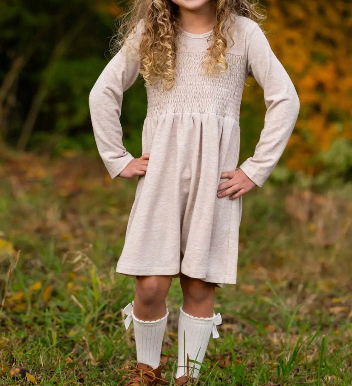 Girl Natural Waist Beige Dress
